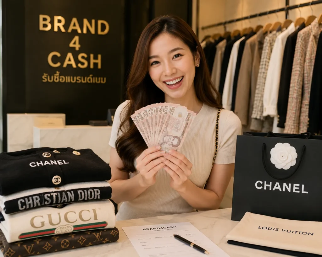 ลูกค้าผู้หญิงรับเงินสดหลังขายเสื้อผ้าแบรนด์เนมกับ Brand4Cash บริการรับซื้อเสื้อผ้าแบรนด์เนมให้ราคาสูง