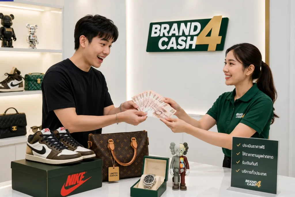 ลูกค้ารับเงินสดหลังขายสินค้า Limited Edition กับ Brand4Cash ภายในร้านรับซื้อสะอาด พร้อมพนักงานให้บริการอย่างเป็นกันเอง