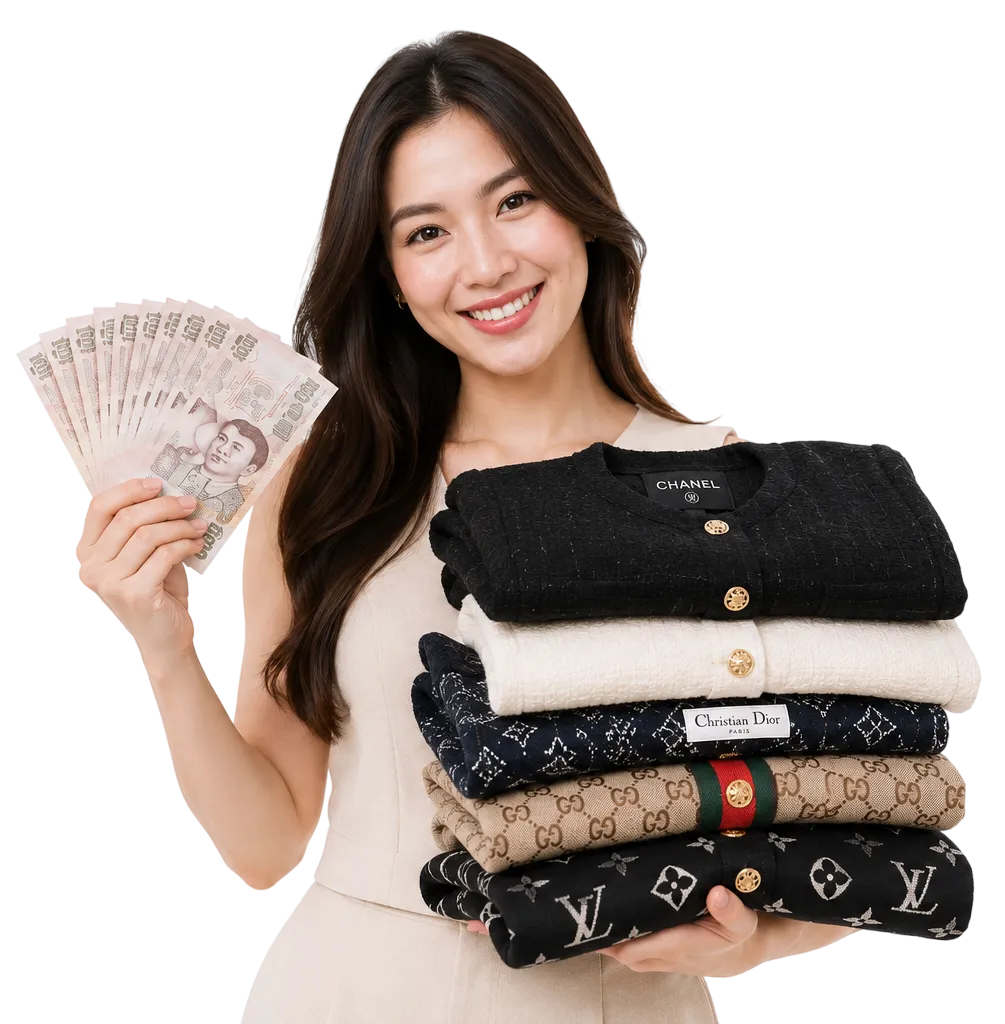 ผู้หญิงถือเสื้อผ้าแบรนด์เนมหลายชิ้นพร้อมเงินสดไทย สื่อถึงบริการรับซื้อเสื้อผ้าแบรนด์เนมกับ Brand4Cash