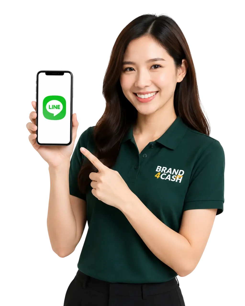 พนักงาน Brand4Cash แนะนำลูกค้าติดต่อผ่าน LINE เพื่อประเมินราคา รับซื้อกระเป๋าแบรนด์เนมฟรี ให้ราคาสูง รับเงินทันที