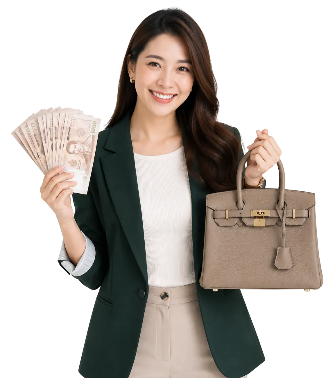พนักงาน Brand4Cash ถือกระเป๋าแบรนด์เนมและเงินสด ให้บริการรับซื้อกระเป๋าแบรนด์เนม ประเมินราคาฟรี ให้ราคาสูง รับเงินทันที