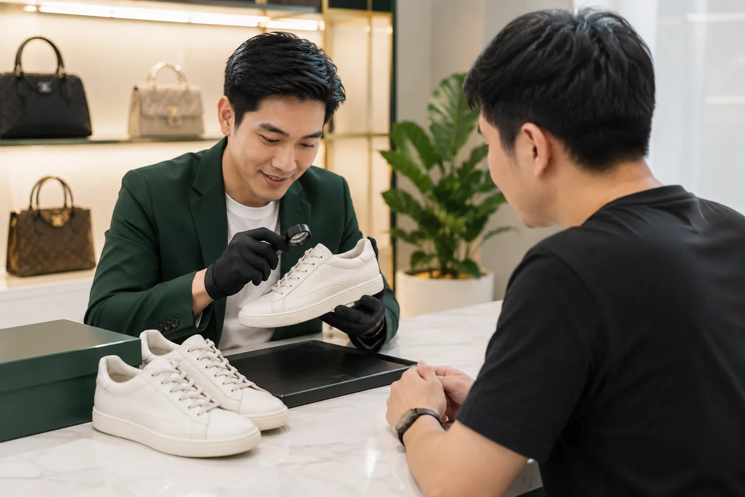 รับซื้อรองเท้าแบรนด์เนม 7 พนักงานกำลังตรวจสอบรองเท้าของจริงร่วมกับลูกค้า